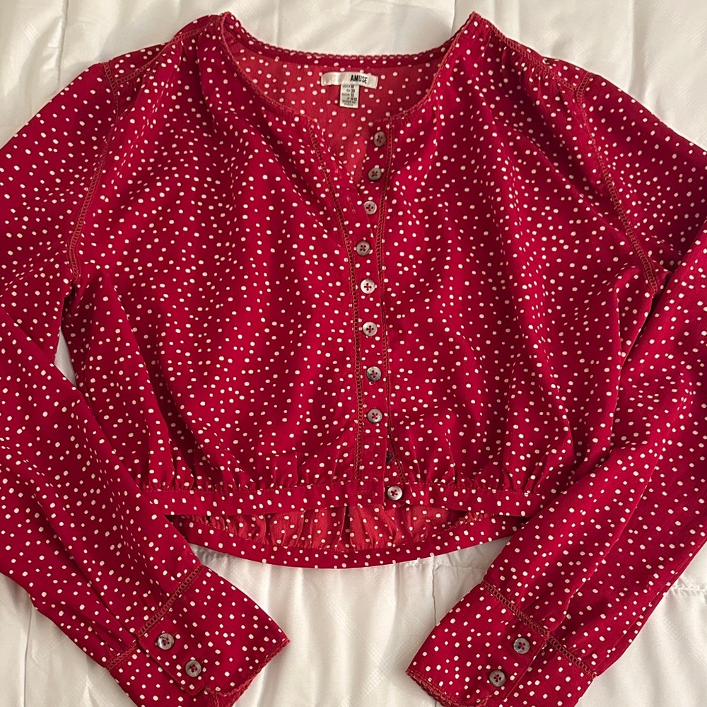 Amuse Society Red Polka Dot Cropped Button-Front Top